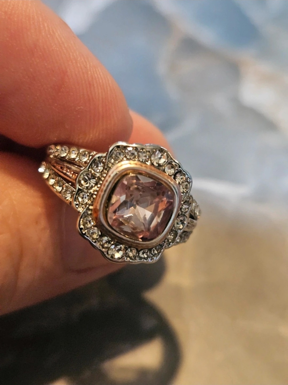Elegant Pink Cushion-Cut Halo Ring with Clear Accents